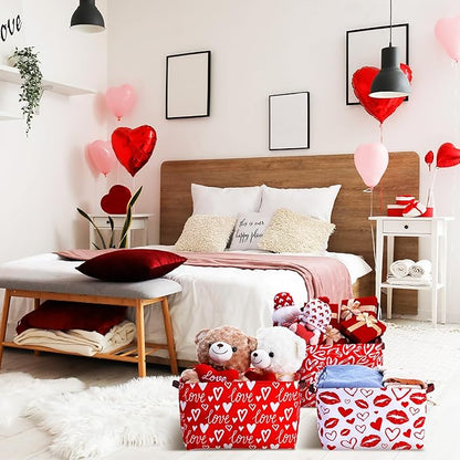 Geelin 3 Pcs Valentines Day Storage Baskets Red and White Heart Valentines Basket for Gifts Collapsible Waterproof Canvas Bin Organizer with Handles for Book Closet Shelf Nursery Decor