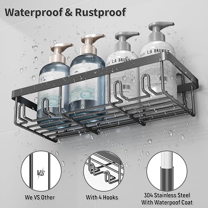 Liuoud 5 Pack Shower Caddy Organizer Rack Shelf for Inside Shower, Self Adhesive Bathroom Wall Storage Basket Rustproof Stainless Steel Large Capacity Shampoo Holder, Dark Grey