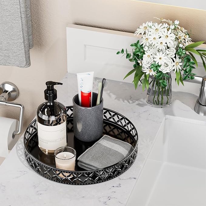 Vanity Tray for Bathroom Counter - 11 Inch Black Decorative Tray Bathroom Counter Tray Organizer for Perfume Cosmetics Jewelry Makeup