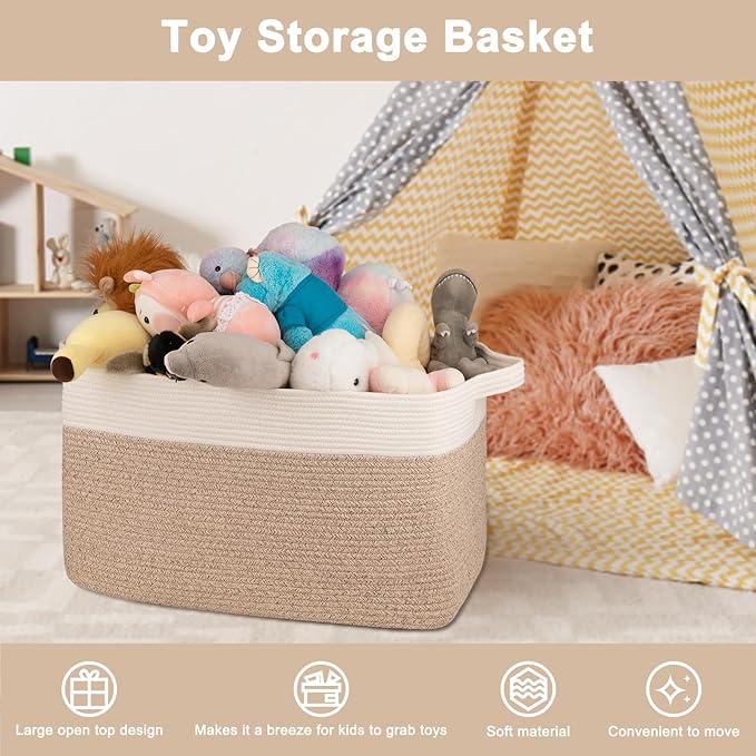 OIAHOMY Extra Large Blanket Basket, 95L Cotton Rope Woven Laundry Basket, Toy Bin for Baby Room, Container for Blanket Storage in Living Room, 24''×17''×14'', Brown & White