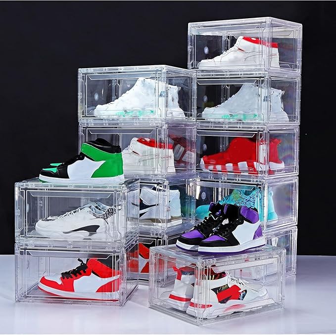 12 Pack Shoe Boxes, Clear Acrylic Plastic Shoe Boxes Stackable, Space-Saving Foldable Drop Front Shoe Storage Boxes Container for With Lids Fits Up to Size 15 (Transparency)