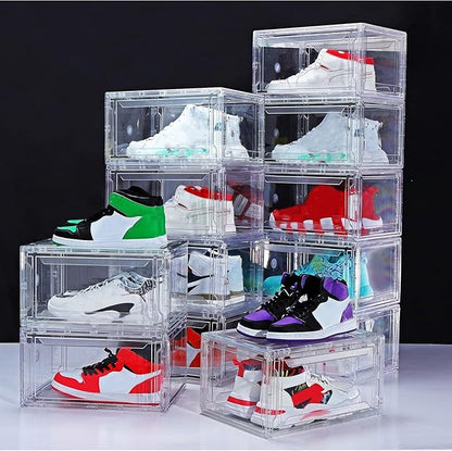 12 Pack Shoe Boxes, Clear Acrylic Plastic Shoe Boxes Stackable, Space-Saving Foldable Drop Front Shoe Storage Boxes Container for With Lids Fits Up to Size 15 (Transparency)