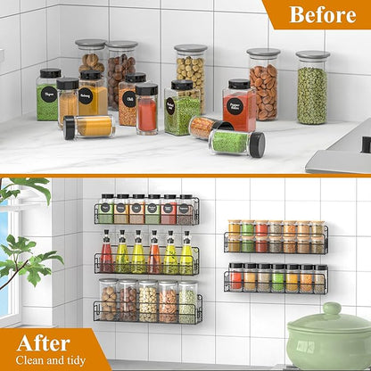 Wall Mounted Spice Rack Organizer, Pantry Door Organizer & Hanging Storage Baskets, Metal Spice Shelf for Kitchen Cabinet, 3 Depth Sizes Hold Large Jars to Nail Polish Bottles, 5 Pack