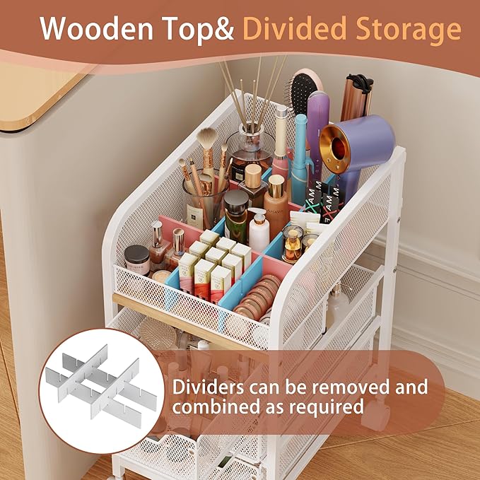 Rolling Makeup Cart Organizer with 3 Drawers, 4-Tier Narrow Floor Skincare Organizers with dividers, Vanity Organizer Cosmetics Display Cases for Makeup Brush, Hair Tool, White
