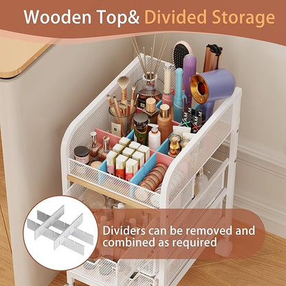 Rolling Makeup Cart Organizer with 3 Drawers, 4-Tier Narrow Floor Skincare Organizers with dividers, Vanity Organizer Cosmetics Display Cases for Makeup Brush, Hair Tool, White