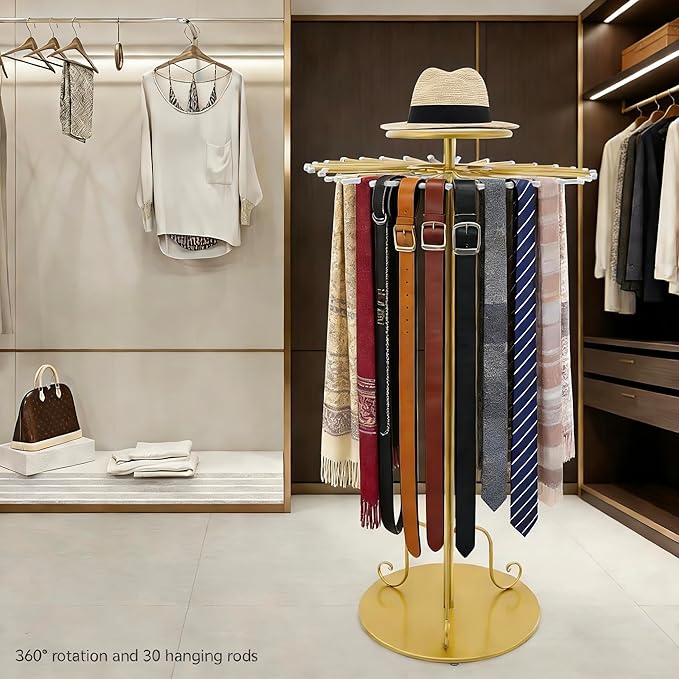 Gold 360°Rotating Scarf Display Tie Rack Belt Hanger Shawl Hijab Stand, Boutique Retail Display Stand Home Organizer Holder for Commercial Clothing Store, Bedroom(49.2in, 30 Hanging Rods)