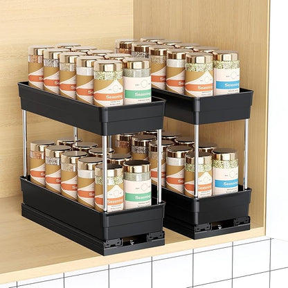 Mystozer Pull Out Spice Rack Organizer for Cabinet, Slide Out Spice Racks Organizer, Easy to Install Spice Cabinet Organizers, 4.33''Wx10.62''Dx8.66''H, 2 Packs-2 Tiers(Black)