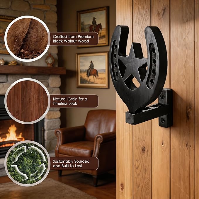 Horseshoe Cowboy Hat Holder for Wall – Rustic Wooden Western Hat Rack, Wall Mounted Hat Organizer for Cowboy Hats, Fedora, Baseball Caps – Farmhouse Entryway Closet Decor (Black)