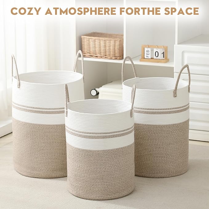 Laundry Basket Hamper Tall Rope Storage Woven for Blanket toys Dirty Clothes in Living Room Bathroom Bedroom (Brown&White, 100L/26.4Gal)