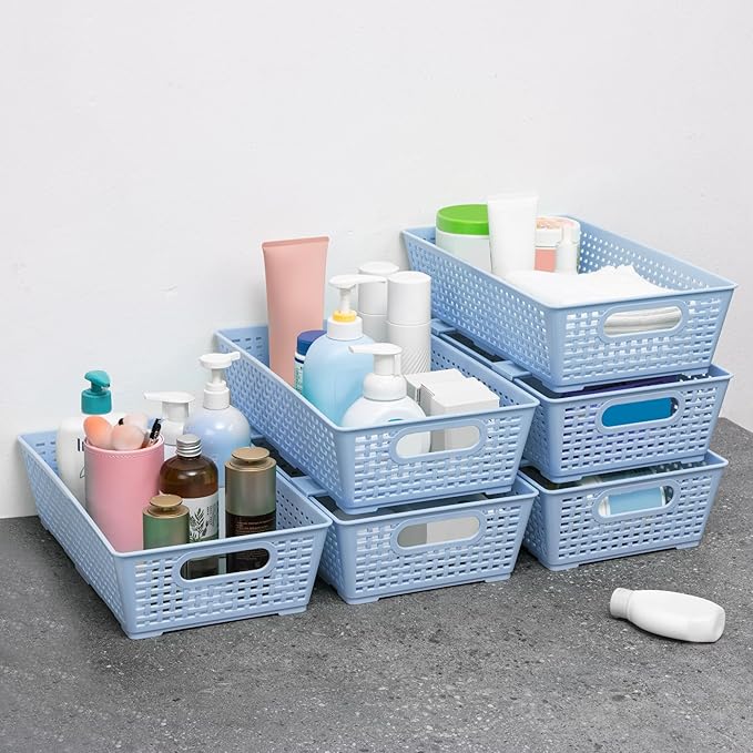 Tiawudi Stackable Woven Plastic Basket, Storage Bins for Cabinet, Closet, Shelf, Under Sink and Countertop, Pantry Organizer Bins, 6 Pack