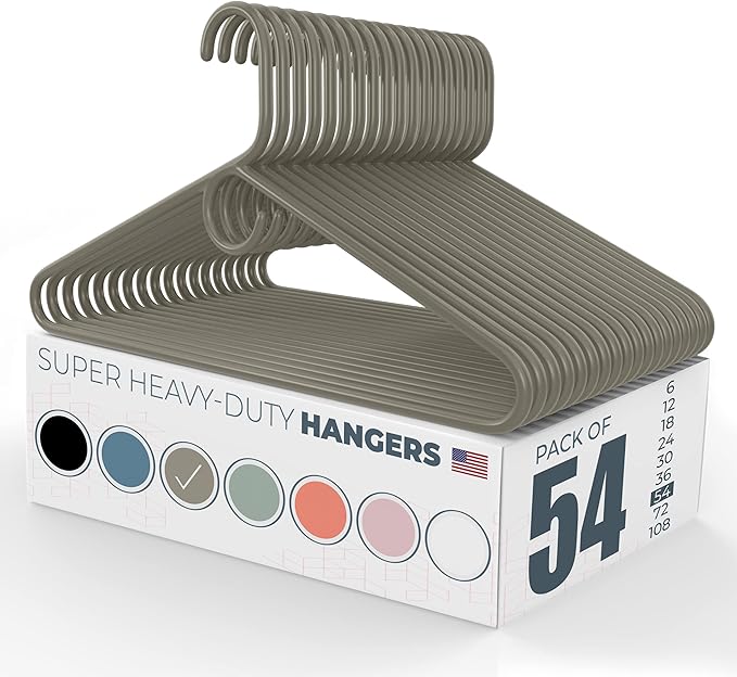 Super Heavy Duty Clothes Hangers 50 Pack (54 Count) – Made in the USA - 10lb Capacity, Thick Plastic Hangers for Pants, Coats, Jackets, Jeans and Adult Clothing – Gray