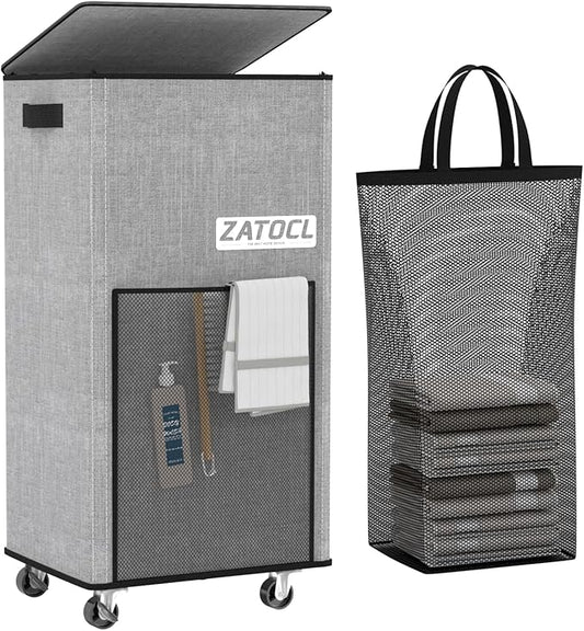 Laundry Hamper with Lid and Wheels, 29 Gal Rolling Laundry Basket with Washing Bag & Front Mesh Bag, Collapsible Dirty Clothes Hampers for Bedroom Aesthetic, Bathroom, Dorm, Laundry Room - Easy Carry