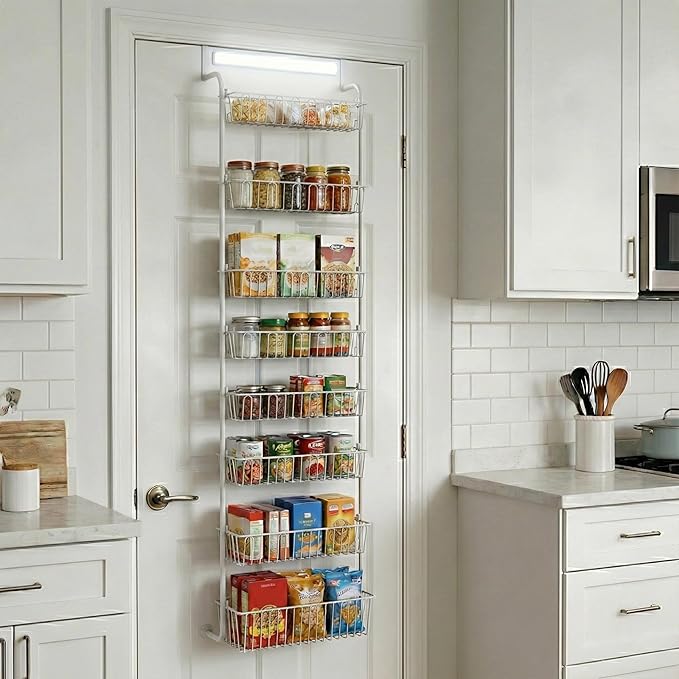 Over Door Organizer Storage - 8 Tier White Metal Over the Door Pantry Organizer Heavy Duty Hanging Storage Rack, Behind Cabinet Shelves for Home, Kitchen, Bathroom, Closet, Pantry