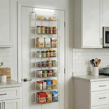 Over Door Organizer Storage - 8 Tier White Metal Over the Door Pantry Organizer Heavy Duty Hanging Storage Rack, Behind Cabinet Shelves for Home, Kitchen, Bathroom, Closet, Pantry