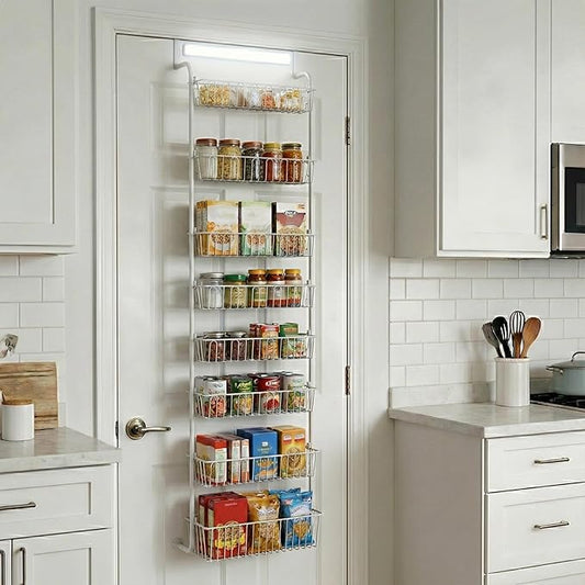 Over Door Organizer Storage - 8 Tier White Metal Over the Door Pantry Organizer Heavy Duty Hanging Storage Rack, Behind Cabinet Shelves for Home, Kitchen, Bathroom, Closet, Pantry
