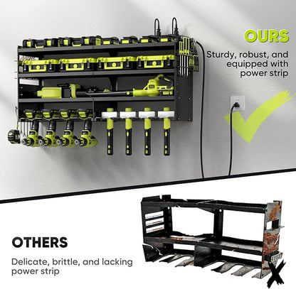 POKIPO Large Power Tool Organizer Wall Mount with Charging Station,4 Layer Heavy Duty Metal Tool Storage Rack Loads 600lbs with 8 Cordless Drill Holder,Battery Utility Rack Loads with 4 Power Strip