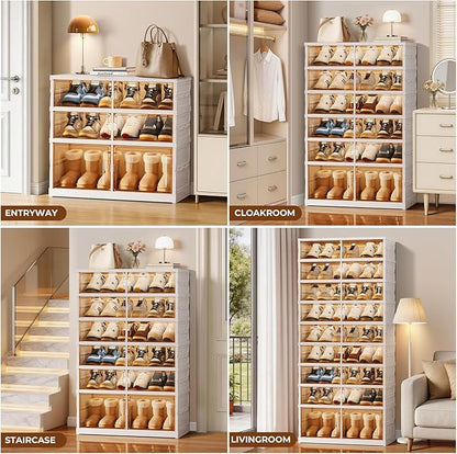 EHAMILY Foldable Shoe Rack Organizer 9-Tier, 27 Pairs Collapsible Shoe Storage Cabinet with Doors, Clear Plastic Stackable Shoe Organizer for Closet, with Boots Space, Easy Tool-Free Assembly, White