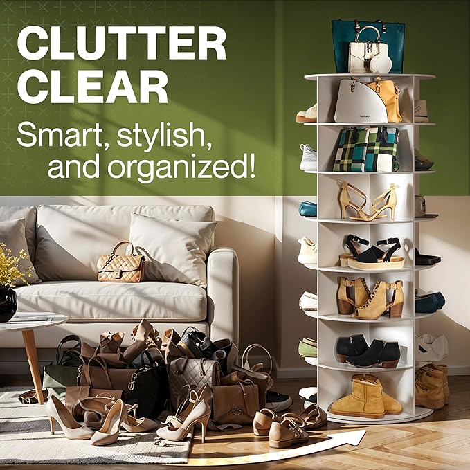 LOFT + IVY 7 Tier Rotating Shoe Rack Tower – 360° Spinning Storage Organizer, Modern Round Shoe Carousel for Closet, Entryway, Bedroom – Space Saving Rotating Lazy Susan Storage Tower