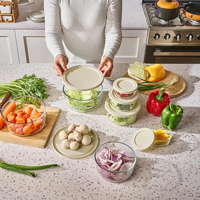 12-Piece Glass Food Storage Containers Set (6 Containers + 6 BPA-Free Lids) | 2-Cup, Leakproof | Microwave, Freezer, Oven & Dishwasher Safe | Ideal for Meal Prep & Pantry Organization, Beige