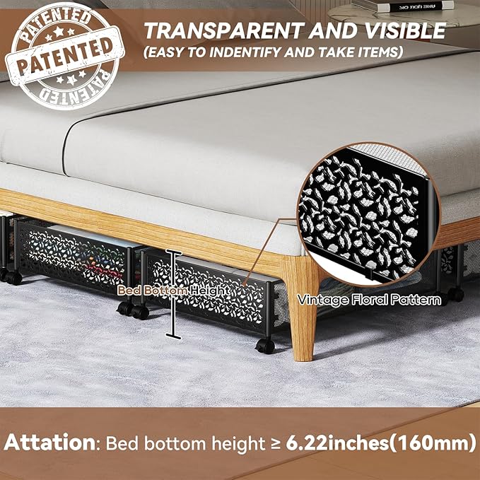 PHINOX Under Bed Storage, Under the Bed Storage Containers with Wheels, Under Bed Shoe Storage Organizer Drawer for Bedroom Clothes Shoes Blankets -4Pack