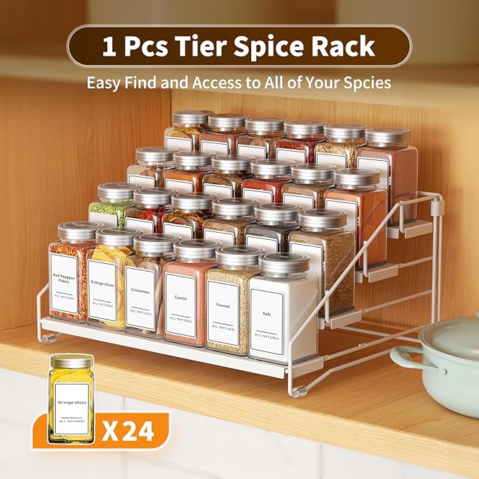 BOIVSHI Tiered Spice Rack, 4 Tier Spice Shelf Organizer for Cabinet, Spice Rack Organizer, Depth Adjustable Seasoning Rack Organizer for Cabinet, Countertop, Pantry, Metal, White (1 Pack)