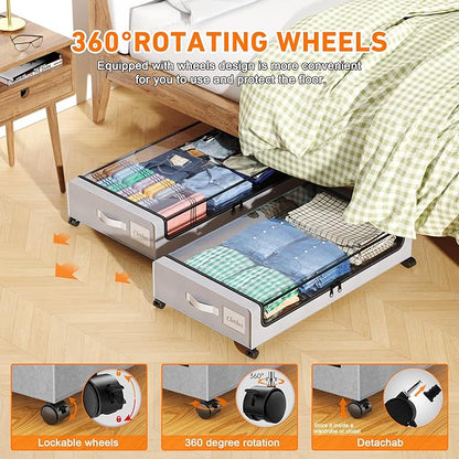Under Bed Storage with Wheels, 4 Pack Under Bed Storage Containers with Dividers & Clear Lids, XXL 65L Under the bed storage Organizer Bins, Underbed Storage with Wheels for Clothes,Shoes,Toys - Gray