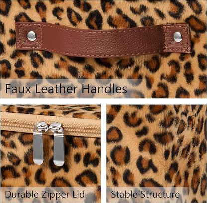 2PCS Storage Bins Boxes with Zipper Lid Leopard Print Cute Velvet Fabric Basket PU Leather Handles PP Plastic Board Foldable Washable Lidded Closet Shelf Organizer Container (Large Size)