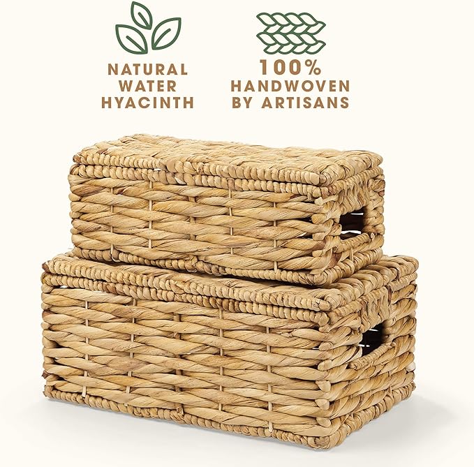 84ECO Set of 2 Wicker Baskets with Lid - Decorative Storage Boxes for Home Decor, Shelves - Woven Basket with Lid - Wicker Decor - Rattan Box - Decorative Bins with Lids (Natural)