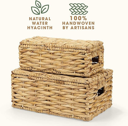 84ECO Set of 2 Wicker Baskets with Lid - Decorative Storage Boxes for Home Decor, Shelves - Woven Basket with Lid - Wicker Decor - Rattan Box - Decorative Bins with Lids (Natural)