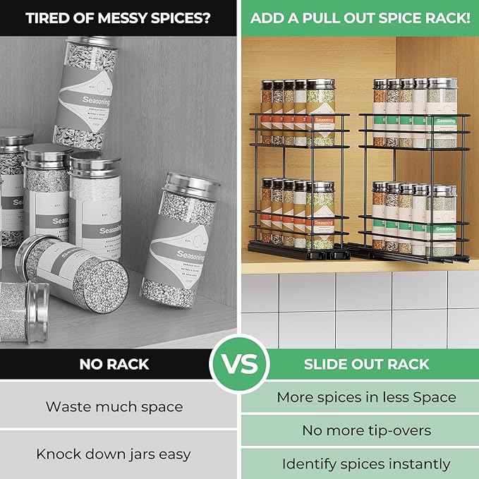 Mystozer Pull Out Spice Rack Organizer for Cabinet, Slide Out Spice Racks, Easy to Install Spice Cabinet Organizers, 5.2" Wx10.43 Dx8.26 H, 2 Packs 2 Tiers(Black)