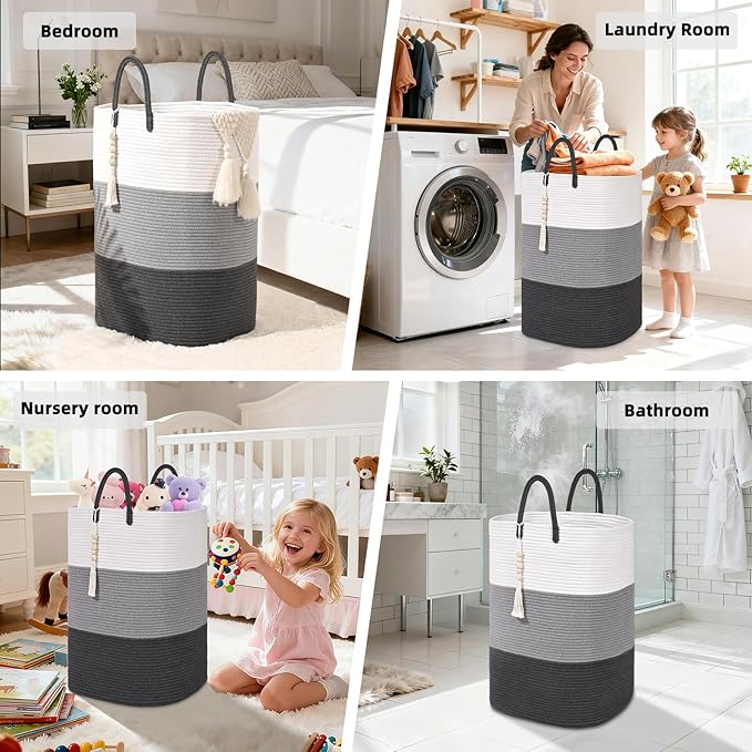 Woven Laundry Basket for Clothes,65 L Large Rectangle Laundry Hampers with Beads Tassel, Nursery Storage Basket for Toys, Tall Dirty Clothes Hamper for Bedroom Aesthetic, Laundry Room Organization