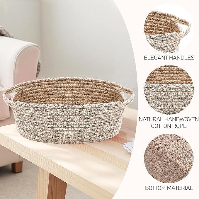 JMvicyroam Woven Basket,Small Rope Storage Bin with Handles & Ribbon Bag, Organizer for Shelves Closets,Gift Basket Empty for Birthday,Books,Dog Toys,Oatmeal/2 Pack
