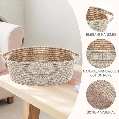 JMvicyroam Woven Basket,Small Rope Storage Bin with Handles & Ribbon Bag, Organizer for Shelves Closets,Gift Basket Empty for Birthday,Books,Dog Toys,Oatmeal/2 Pack