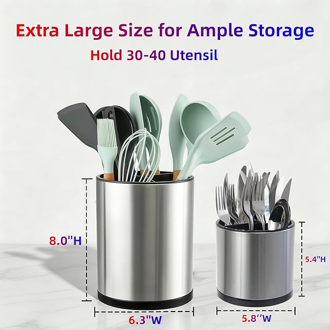 LIBODOUR Kitchen Utensil Holder Extra Large Rotating For Counter Organizer Stainless Steel Storage Cooking Silverware Caddy 3 Compartment Flatware Spoon Spatula Tool Cutlery Container（2 Set Silvery）