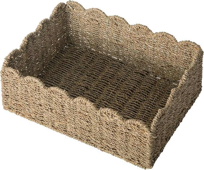 Scalloped Basket, Wicker Storage Baskets, Hand Woven Baskets for Shelves,Natural Baskets for Organizing (Seagrass&M-14" L x 10.5" W x 6" H)