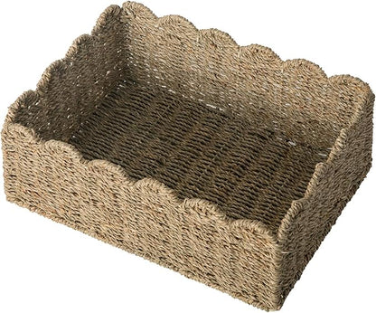 Scalloped Basket, Wicker Storage Baskets, Hand Woven Baskets for Shelves,Natural Baskets for Organizing (Seagrass&M-14" L x 10.5" W x 6" H)