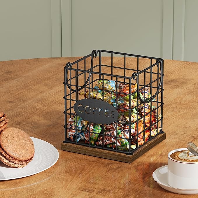 YINMIT K Cup Holder Organizer, Rustic Coffee Pod Holder Organizer, 35 Kcup Holder for Counter with Handle，Large Capacity Black Wire Coffee Capsule Basket for Kitchen Office Desktop (Square Grid)