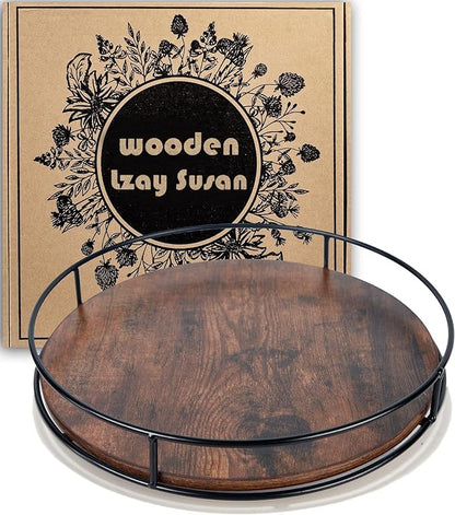 12 Inch Wood Lazy Susan, Rustic Brown Turntable Organizer with Steel Frame, 360 Degree Decorative Turntable for Countertop or Centerpieces