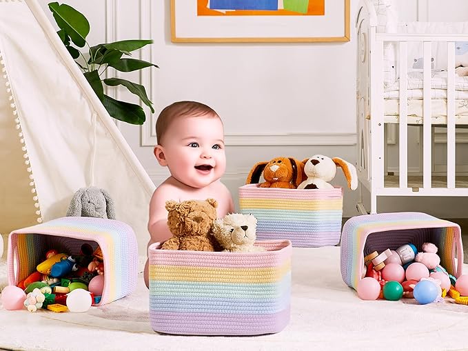 Set of 4 Rainbow Rope Basket for Shelves Woven Rectangle Storage Basket Bins for Nursery Toy Storage for Baby Girl