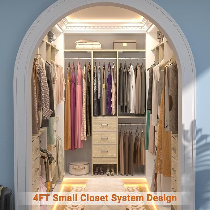Besiost 4FT Small Closet System with 3 Fabric Drawers, 48'' Closet Organizer System With 3 Adjustable Shelves, Flexible Built-In Clothes Garment Rack for Small Space, 48" L x 13" W x 71" H, Light Oak