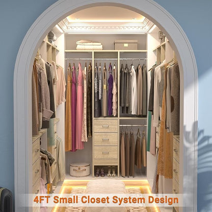 Besiost 4FT Small Closet System with 3 Fabric Drawers, 48'' Closet Organizer System With 3 Adjustable Shelves, Flexible Built-In Clothes Garment Rack for Small Space, 48" L x 13" W x 71" H, Light Oak