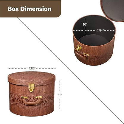 Creative Scents Large Hat Box for Men & Women Storage- Round Hat Box Container Easy Travel with Gold locking Lid and Sturdy Handle Great for Carrying & Protecting Round Hats and Caps. (Brown)