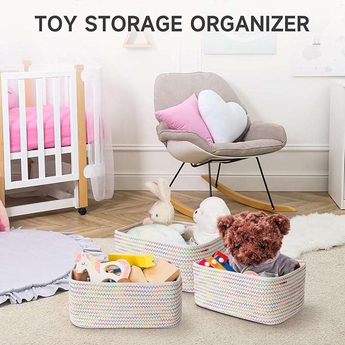 3-Pcs Shelf Baskets for Organizing, Closet Organizer Bins, Small Woven Baskets, Rope Toy Basket, Storage Basket for Shelves, Cube Decorative Box, 11.8×7.8×5.1”, Rainbow