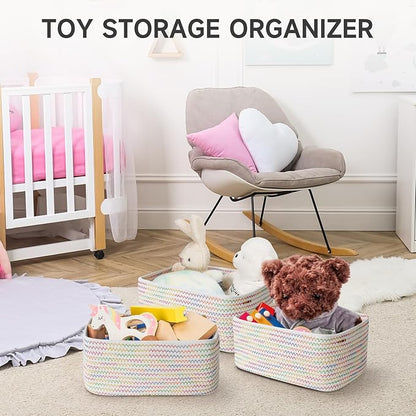 3-Pcs Shelf Baskets for Organizing, Closet Organizer Bins, Small Woven Baskets, Rope Toy Basket, Storage Basket for Shelves, Cube Decorative Box, 11.8×7.8×5.1”, Rainbow