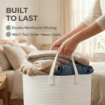 JMvicyroam 115L Extra Large Blanket Basket for Living Room - Woven Cotton Rope Laundry Hamper with Reinforced Handles - Storage Bin for Pillows, Comforters & Toys - Machine Washable,White