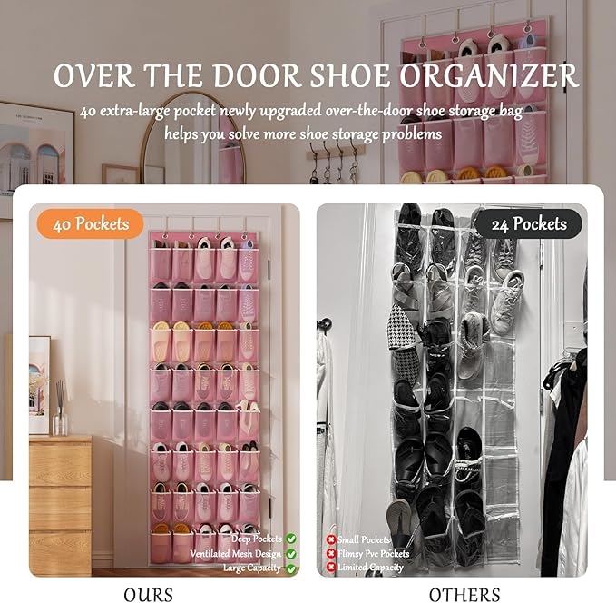 homyfort Over the Door Shoe Organizer, 40 Large Breathable Mesh Pocket,Space Saving Hanging Shoe Rack,Shoe Storage Holder for Entryway Bedroom Closet
