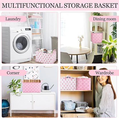 Geelin 3 Pcs Pink Bow Storage Baskets, Foldable Cute Pink Storage Bins with Handles, Coquette Preppy Girly Organizer Boxes for Closet Shelf Nursery Bedroom Decorative Room Decor