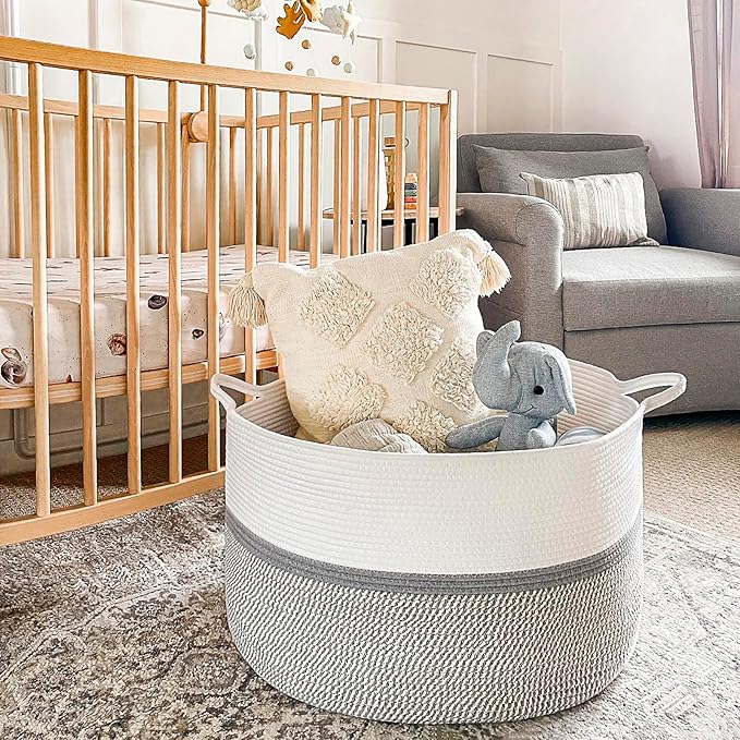 CHICVITA 85L Large Blanket Basket for Living Room, Woven Storage Baskets for Laundry Pillows Toys, Decorative Cotton Rope Basket with Handles for Bedroom Nursery, 22" x 22" x 14", Gray
