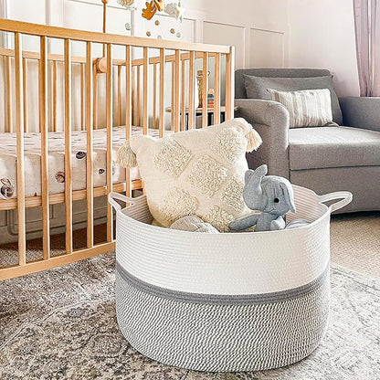 CHICVITA 85L Large Blanket Basket for Living Room, Woven Storage Baskets for Laundry Pillows Toys, Decorative Cotton Rope Basket with Handles for Bedroom Nursery, 22" x 22" x 14", Gray