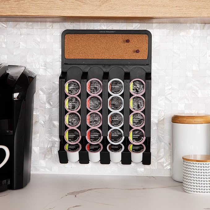 Mind Reader Single Serve Pod Organizer, Wall Mount, 20 Pod Capacity, Magnetic or Adhesive, 10.75"L x 15.5"W x 2.5"H, Black